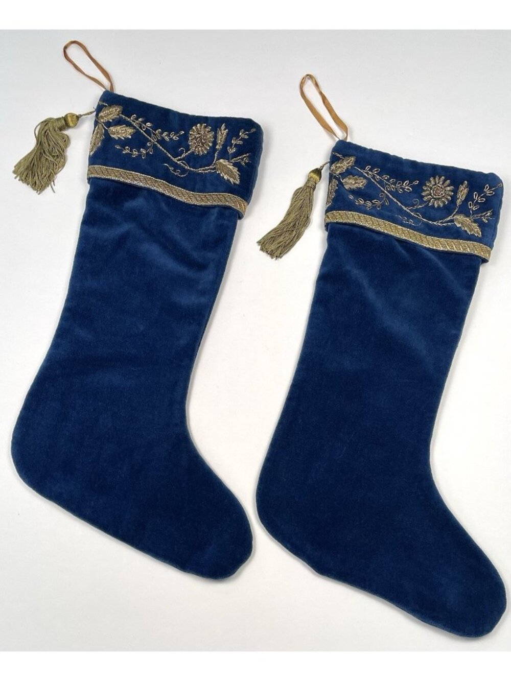 Lot 2 WISTERIA Blue Velvet Gold Embellished Embroidered CHRISTMAS STOCKINGS Read